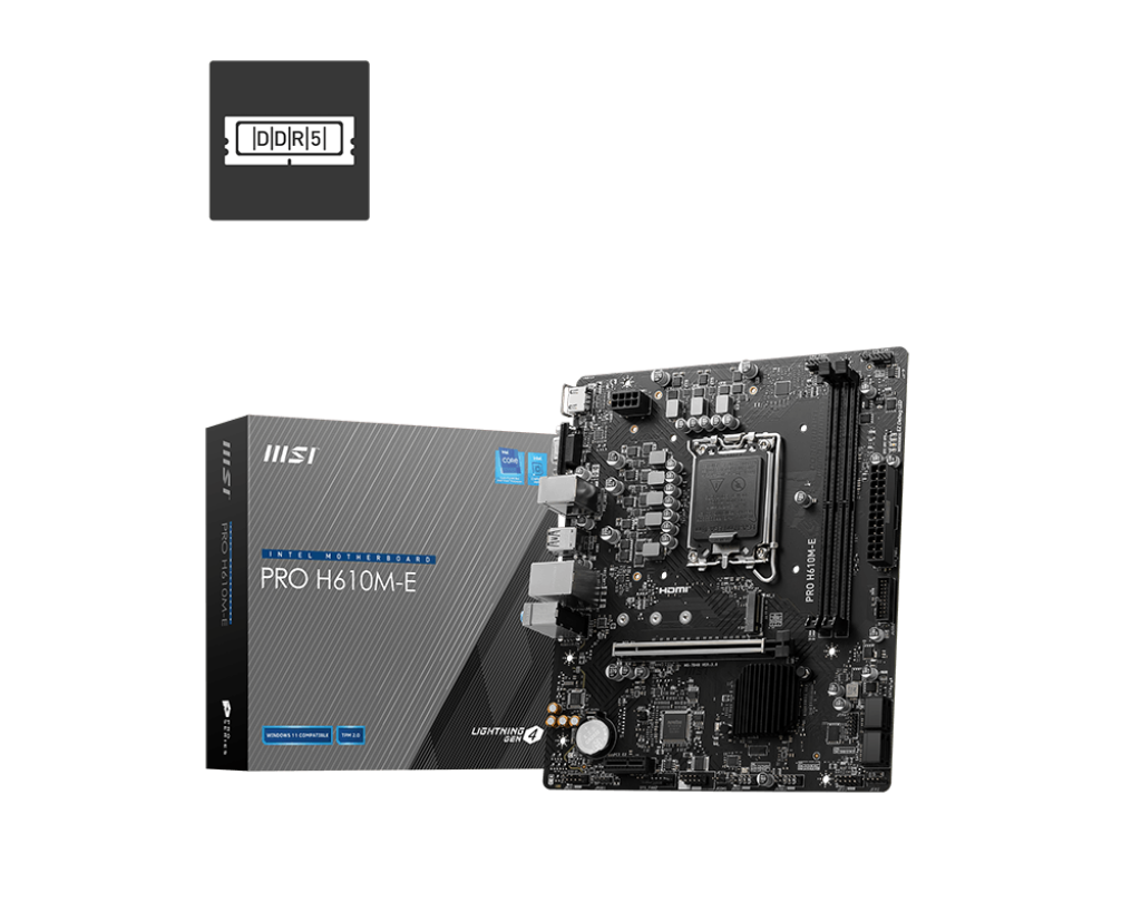 MSI Pro H610M‑E DDR5 motherboard LGA1700 top view
