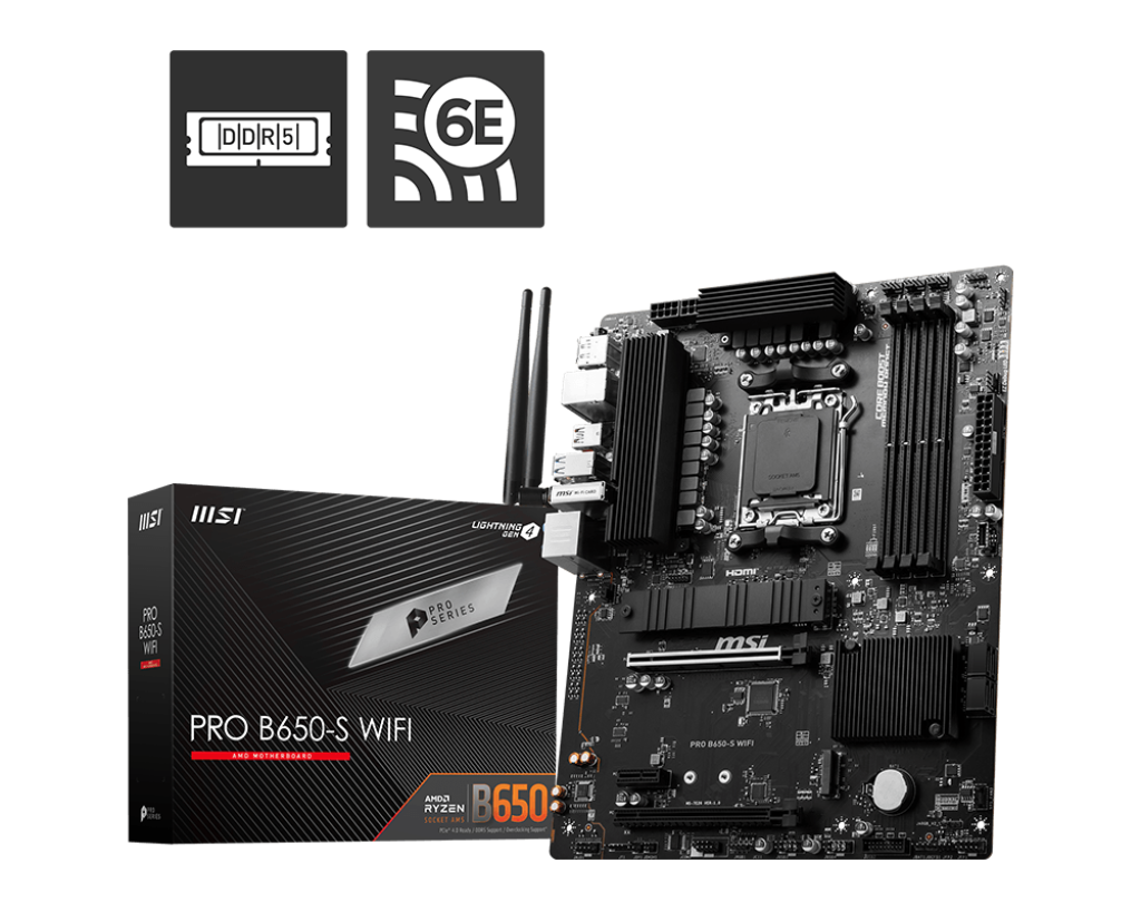 MSI PRO B650‑S Wi‑Fi DDR5 AMD AM5 ATX motherboard top view